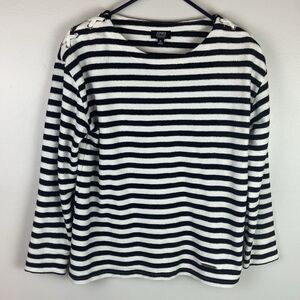 Jones New York Signature Women’s Black White Striped Top Laced Shoulders Size M